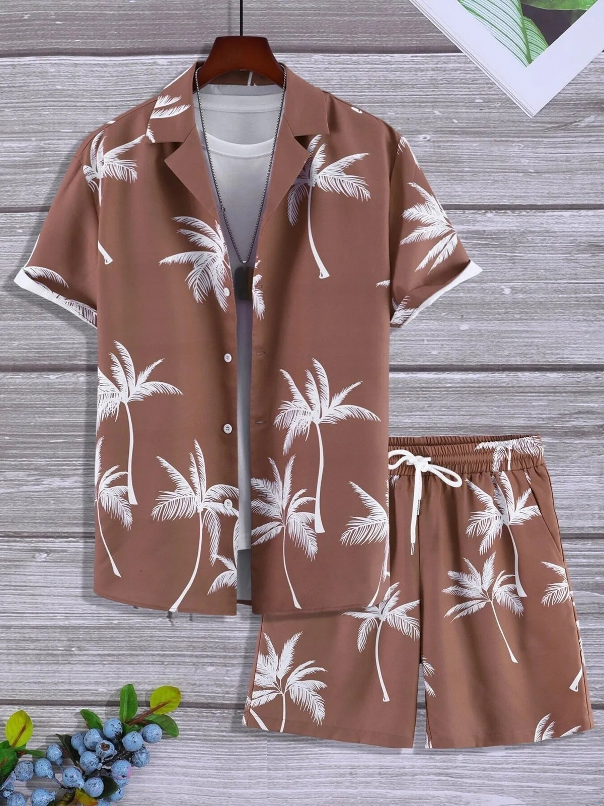 Men's Full Size Palm Print Button Up Shirt and Shorts Set Plus Size in Caramel