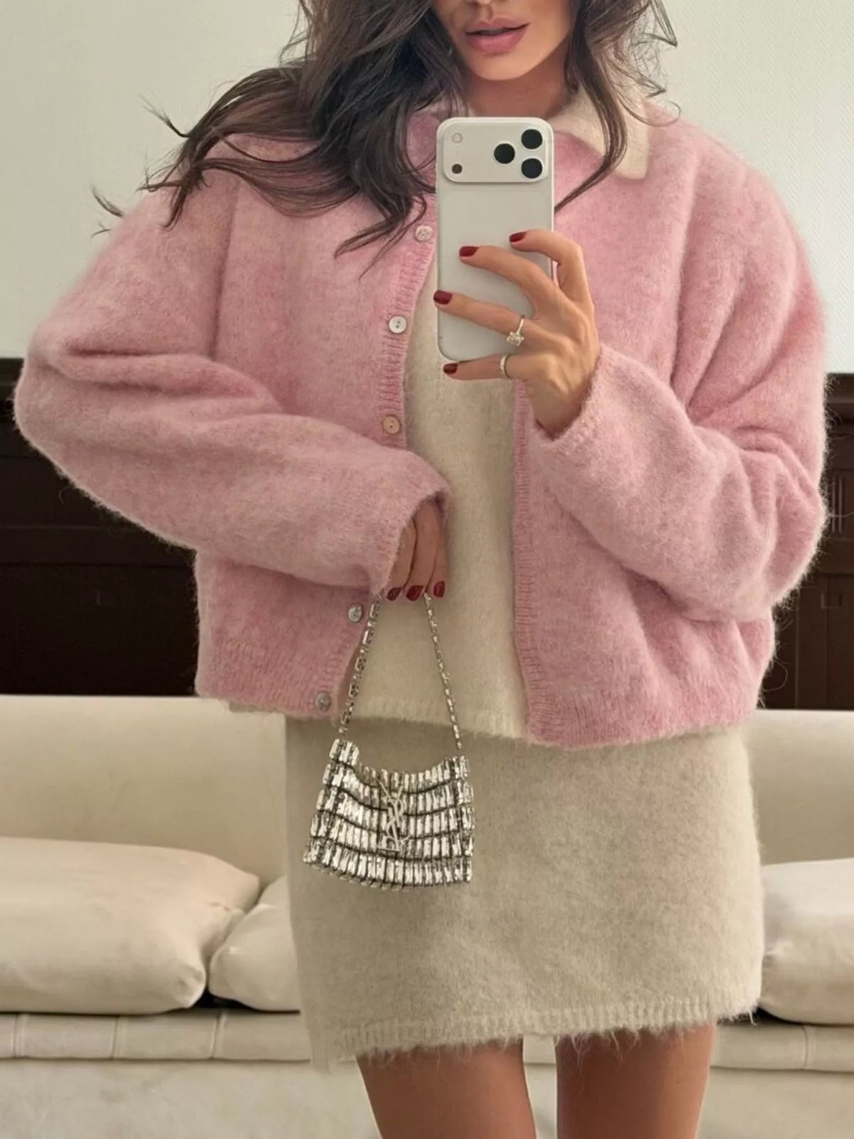 Fuzzy Knit Button-Down Cardigan, view 13