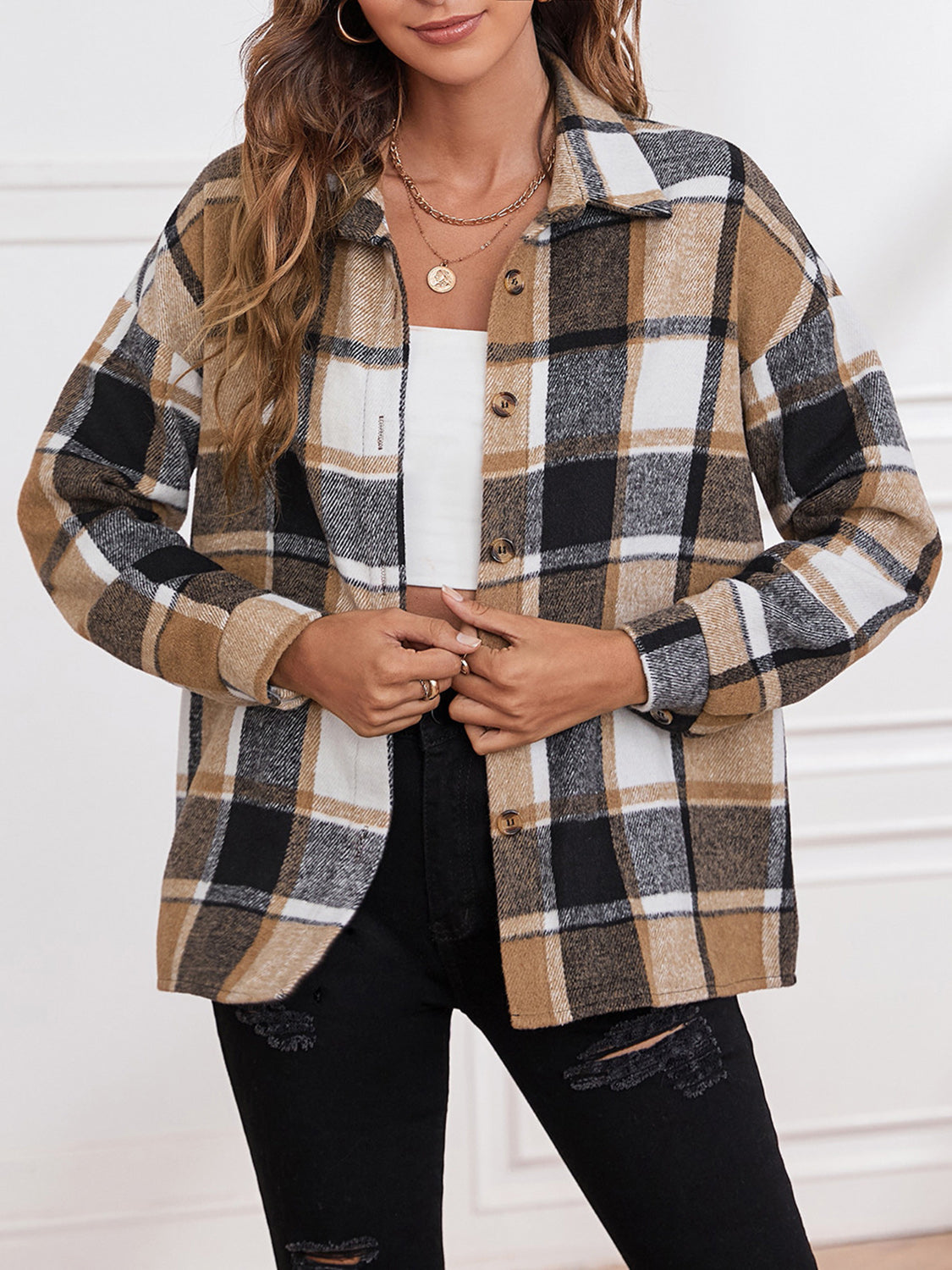 Plaid Collared Neck Button Down Jacket, view 3