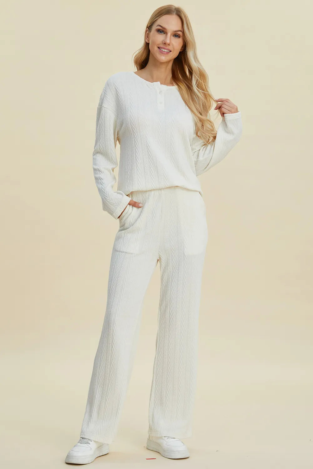 Double Take Full Size Cable-Knit Long Sleeve Top and Pants Set, view 4
