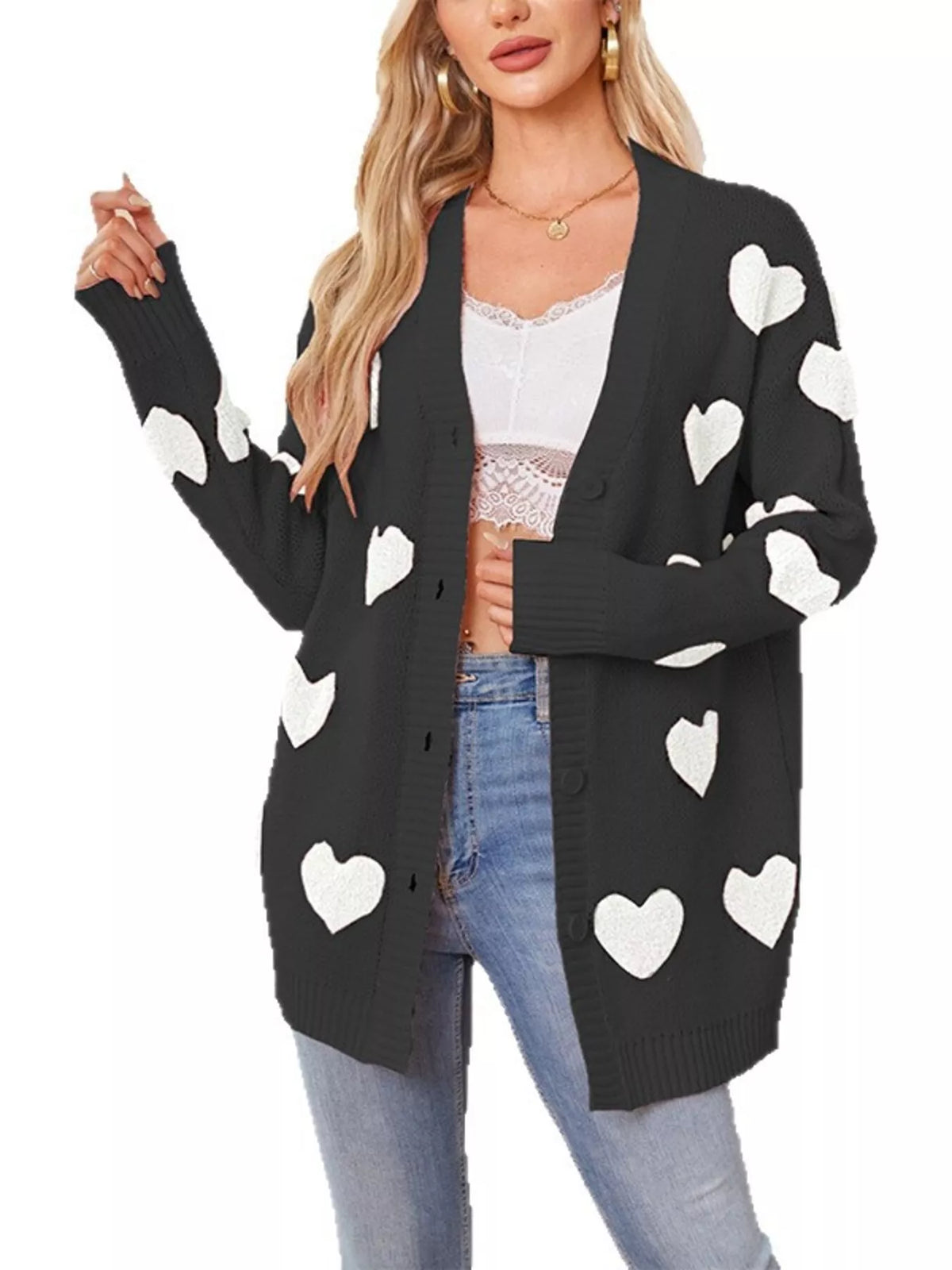 Heart Pattern V-Neck Button-Down Knit Cardigan - Lilixa.store