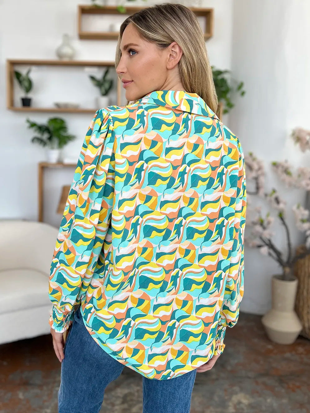 Double Take Full Size Printed Smocked Long Sleeve Blouse - Lilixa.store