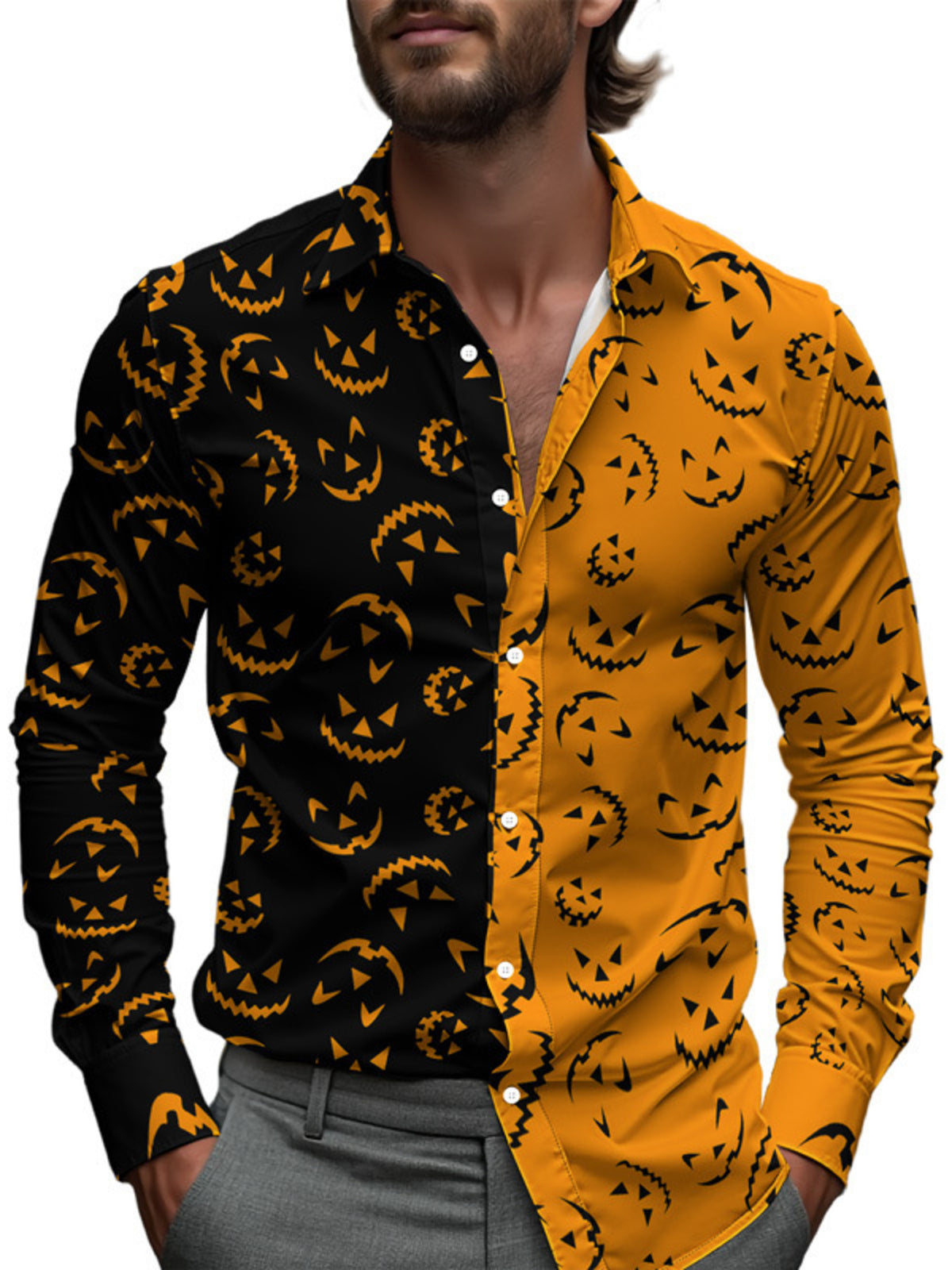 Men's Full Size Halloween Print Long Sleeve Button-Down Shirt Plus Size