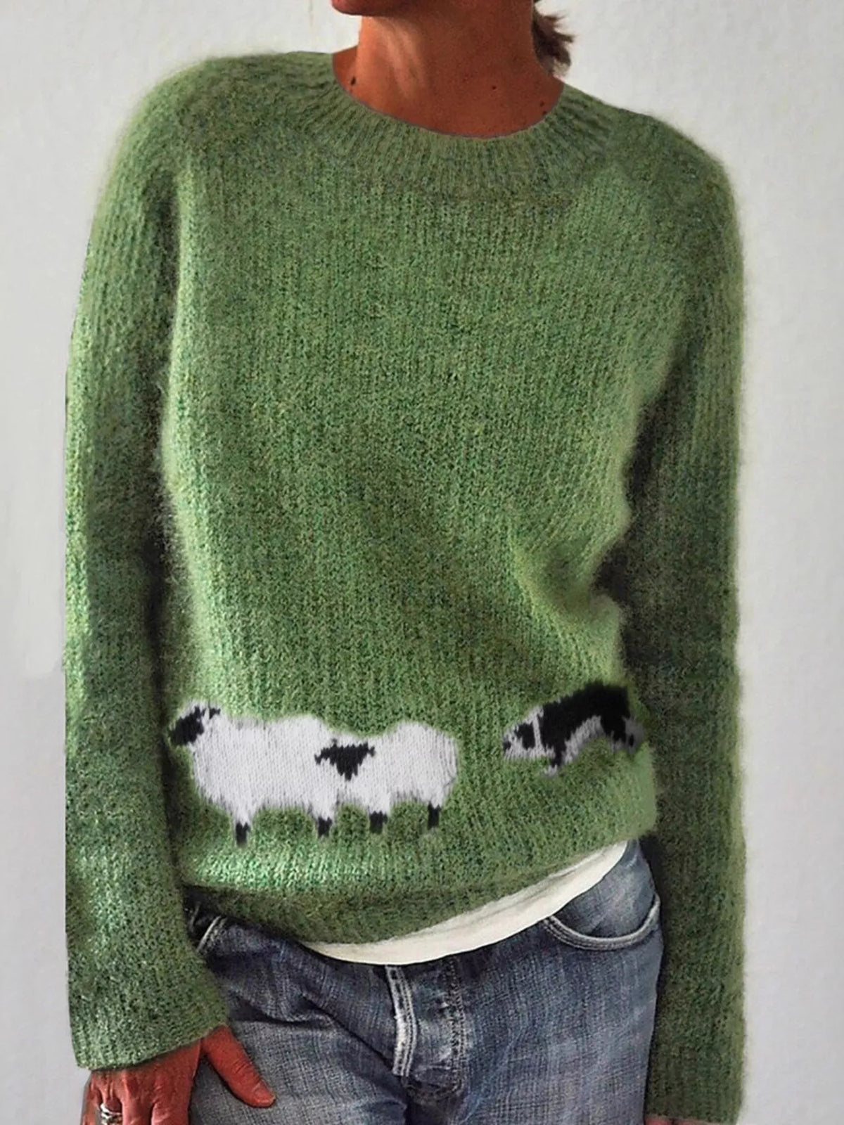 Full Size Sheep Pattern Round Neck Sweater Plus Size