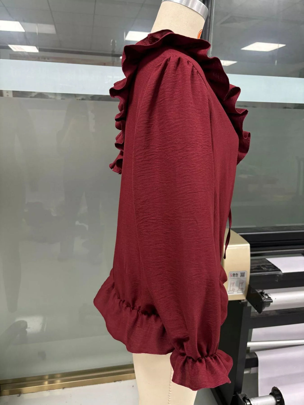 Ruffle V-Neck Long Sleeve Blouse, view 8