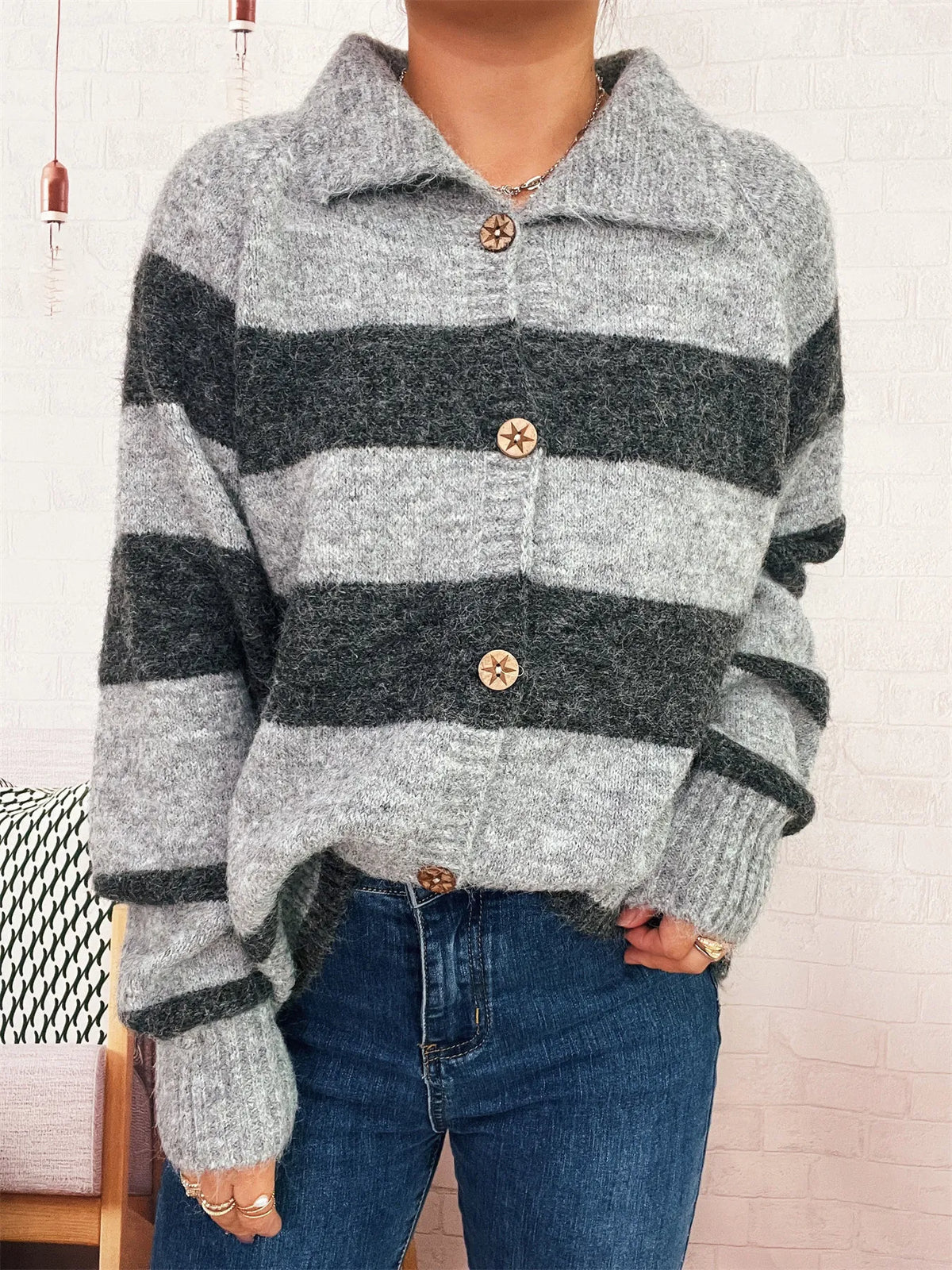 Striped Button-Up Cozy Cardigan - Lilixa.store