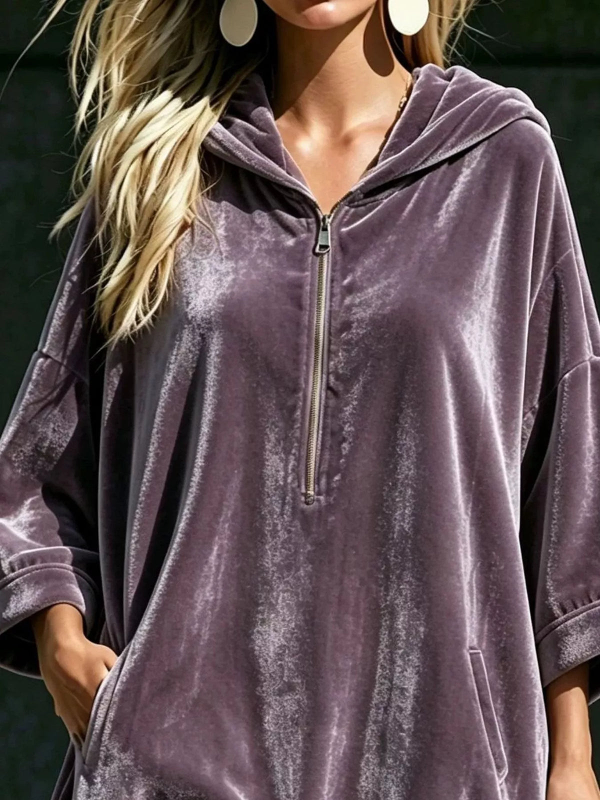 Full Size Half-Zip 3/4 Sleeve Hoodie Dress Plus Size