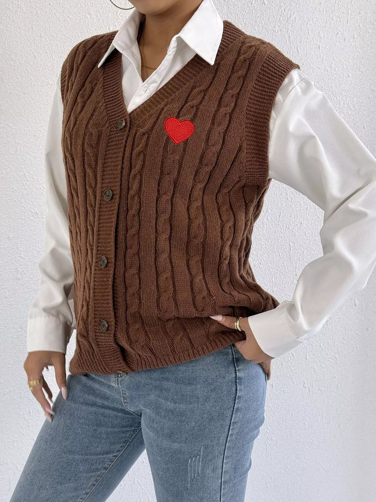 V-Neck Cable Knit Button-Down Sweater Vest with Heart Embroidery