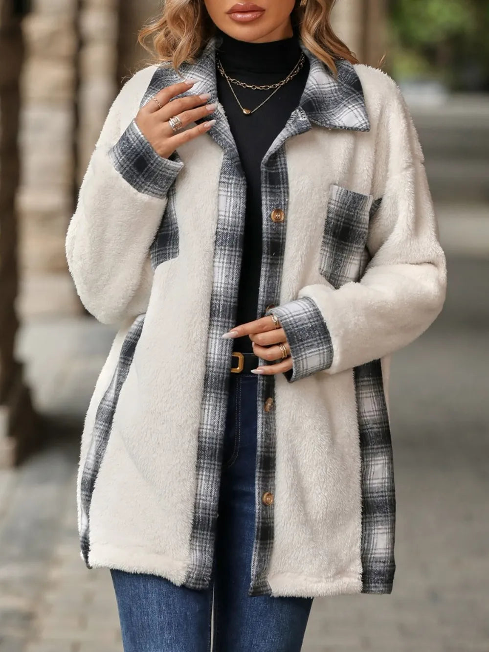 Plaid Contrast Dropped Shoulder Coat, view 6