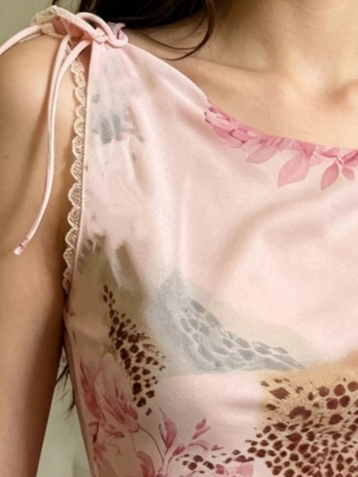 Floral Leopard Print Tie-Strap Mesh Cami in Blush Pink, view 3