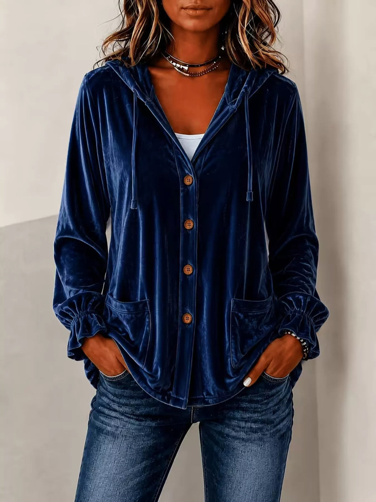 Full Size Velvet Button-Down Hooded Outerwear Plus Size - Lilixa.store