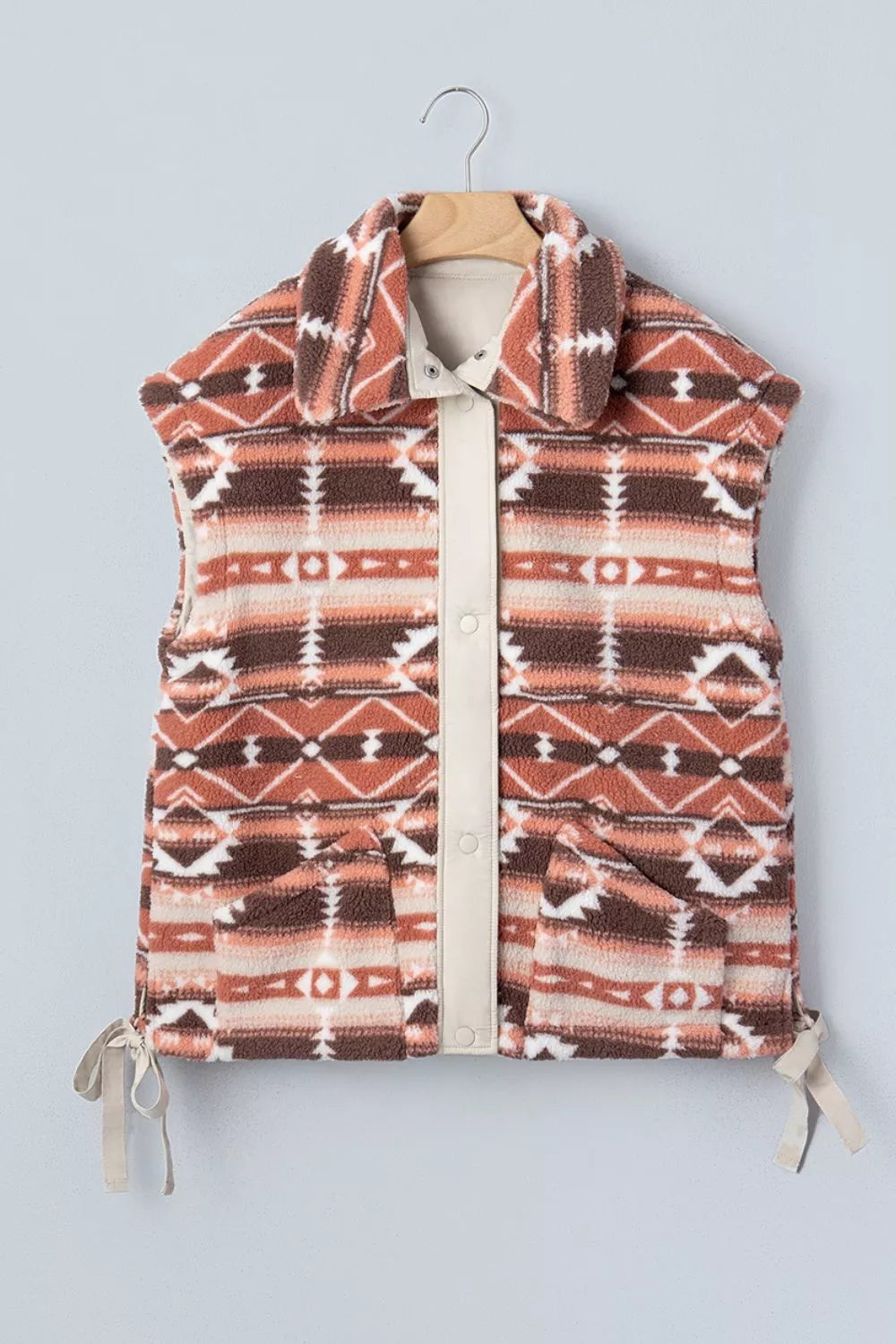 Geometric Print Fleece Metal Button Placket Shift Silhouette Vest - Lilixa.store