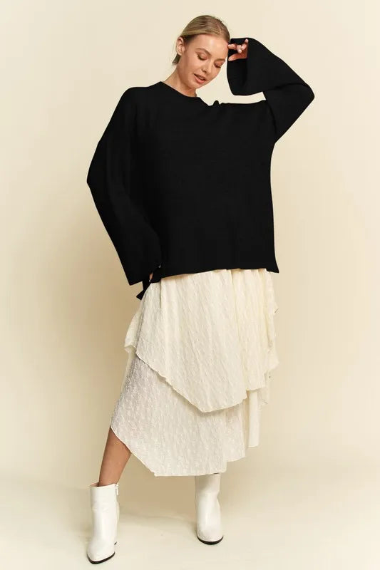 Davi & Dani High-Low Round Neck Drop Shoulder Sweater - Lilixa.store