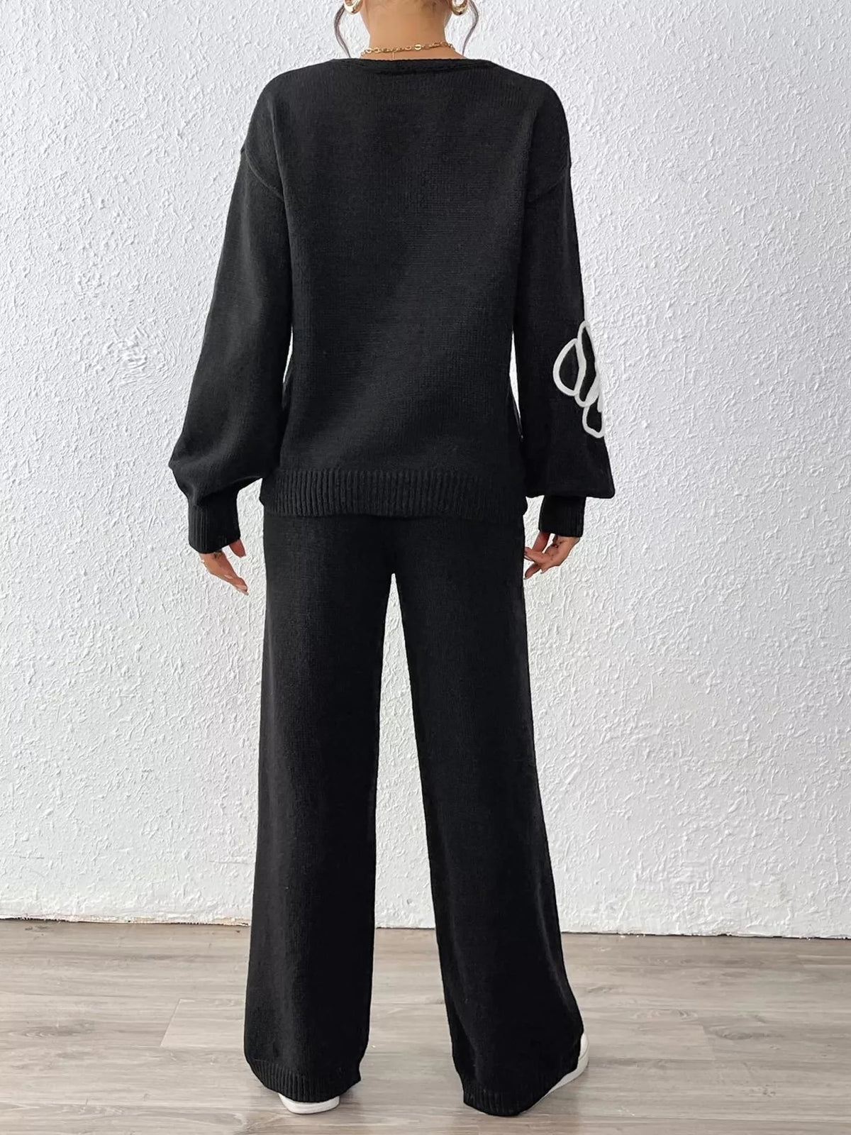 V-Neck Dropped Shoulder Top and Pants Sweater Set