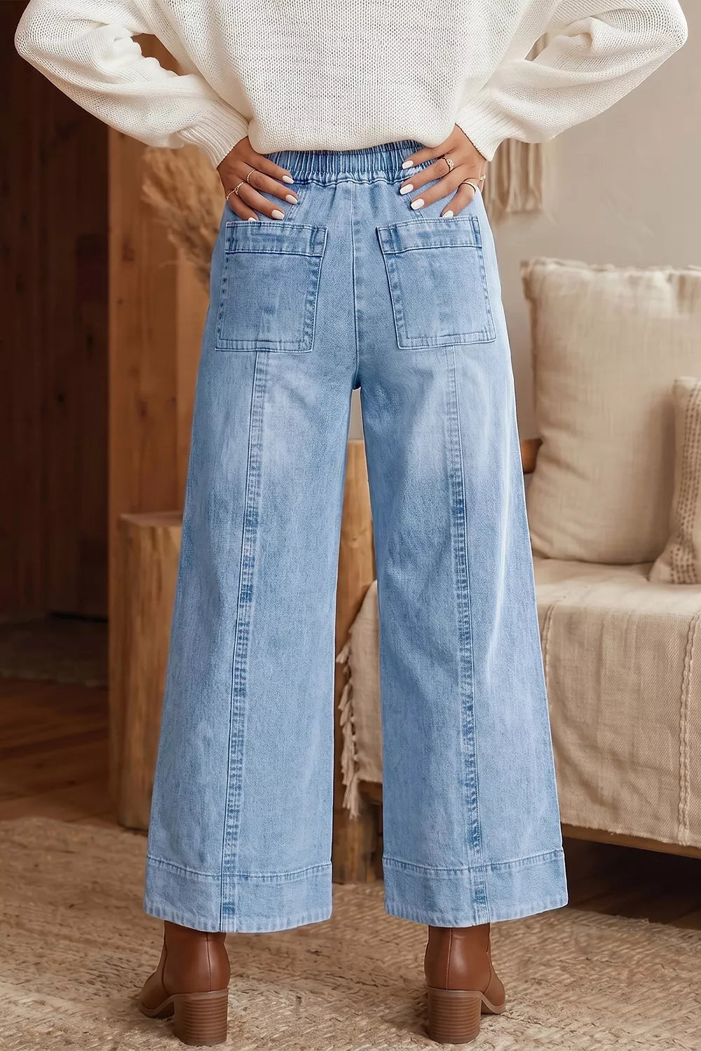 Drawstring Waist Wide Leg Ankle Length Jeans - Lilixa.store