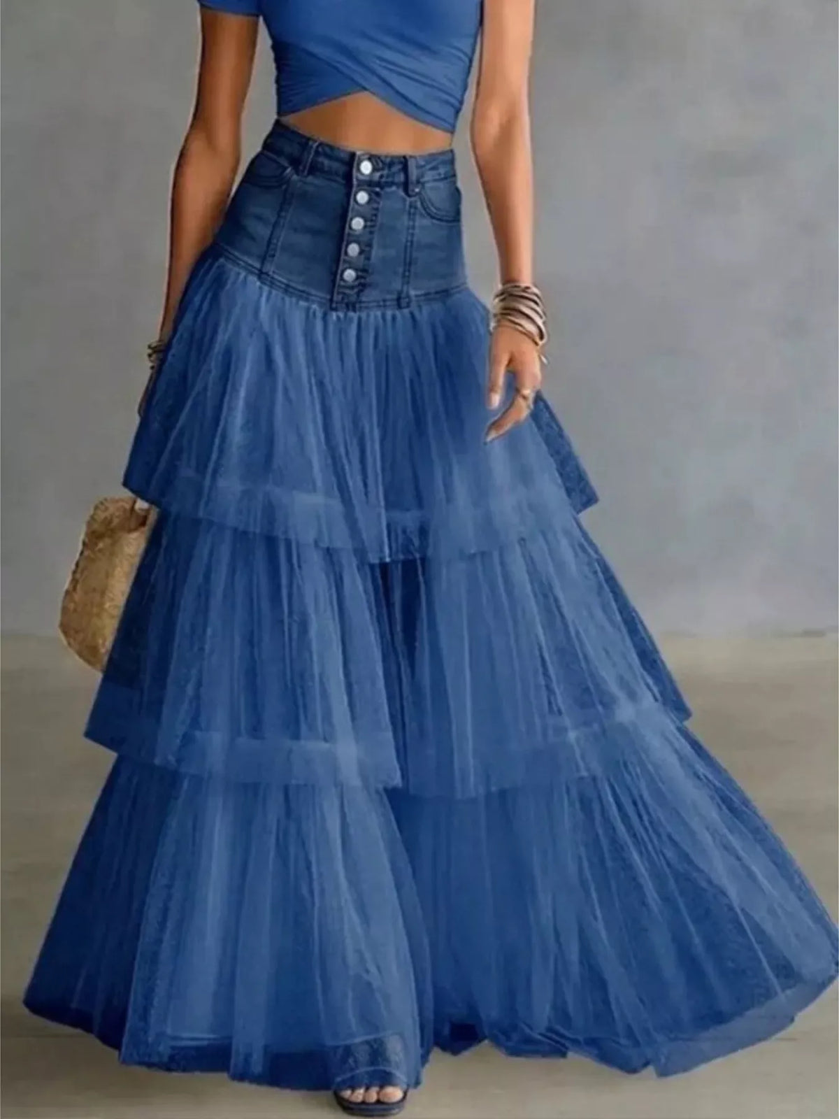 High-Waisted Button-Front Denim and Tulle Maxi Skirt in Peacock Blue