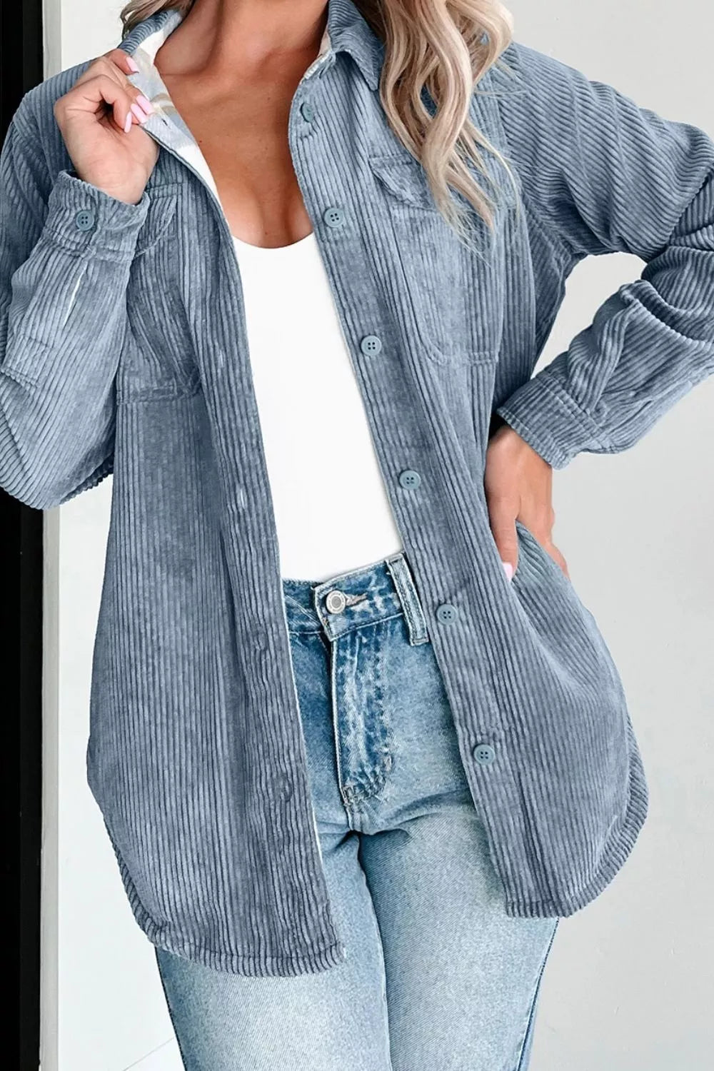 Corduroy Plaid Button-Up Shacket in Dusty Blue, view 5