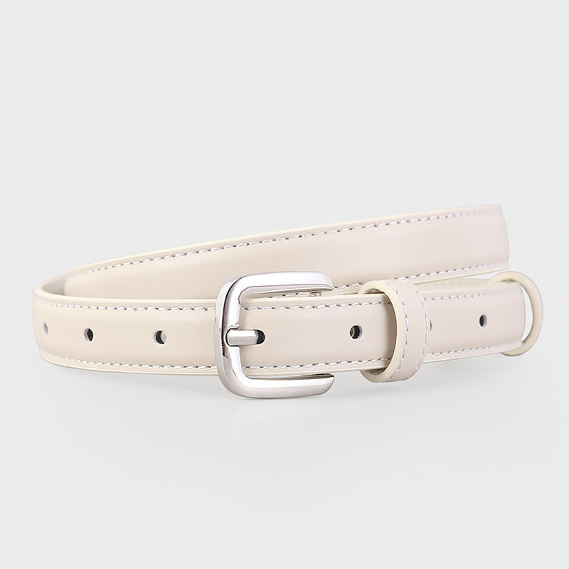 Classic Leather Skinny Belt with Silver Buckle in Ivory