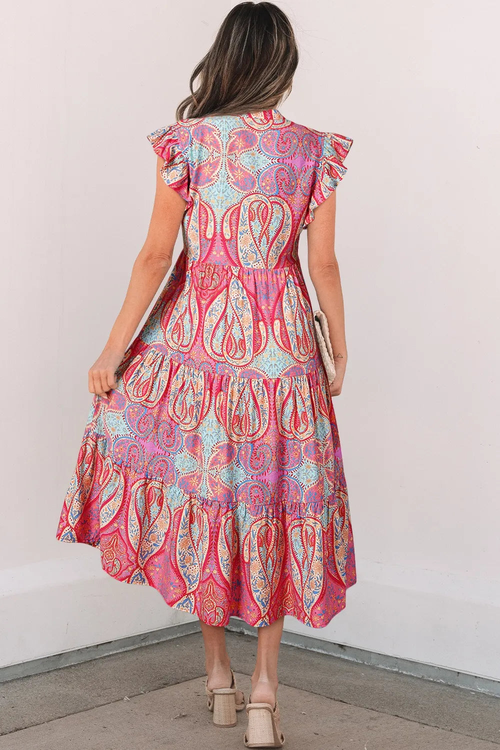 Tribal Paisley Print Ruffled Sleeve Notch Neck Midi Dress - Lilixa.store