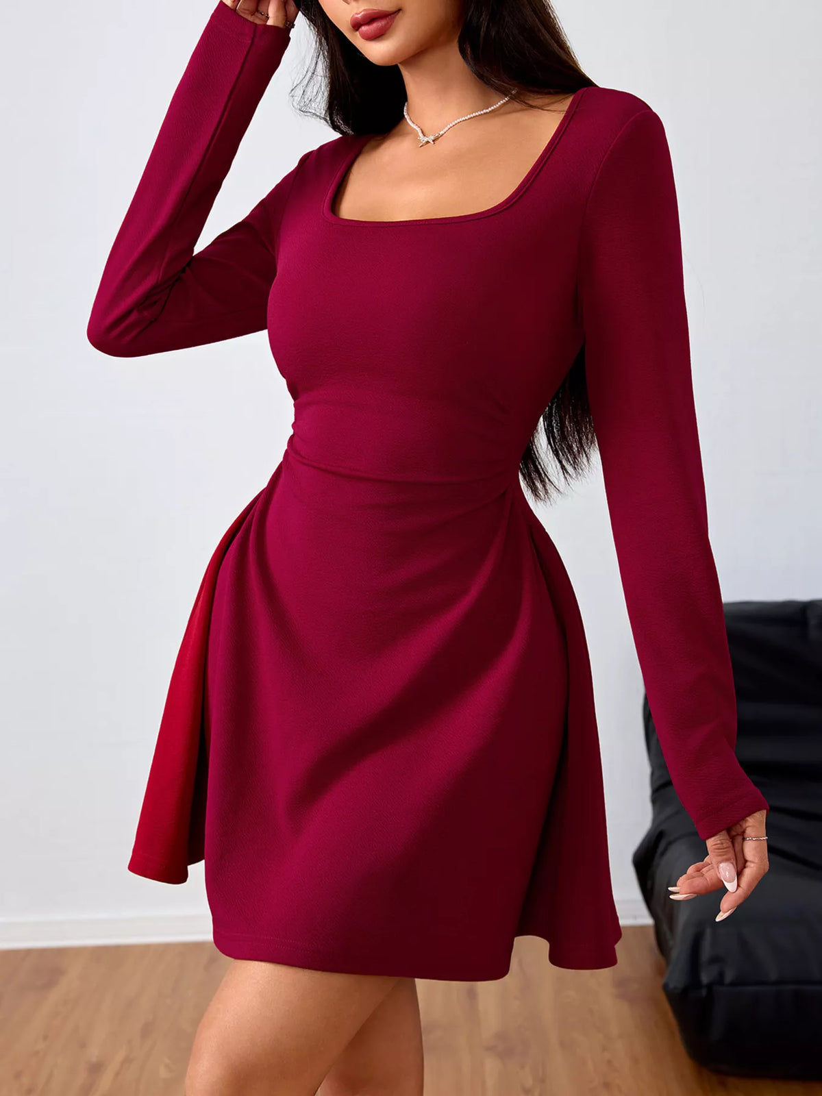 Square Neck Long Sleeve Ruched Waist Mini Dress in Wine Red