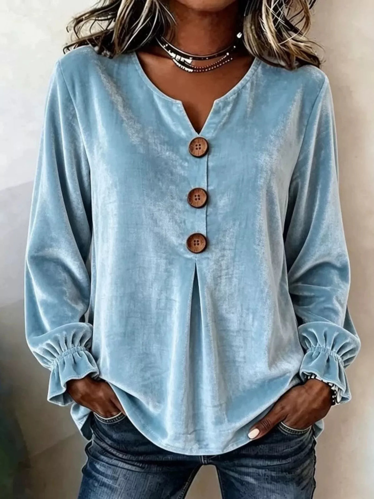 Velvet Flounce Sleeve Blouse - Lilixa.store