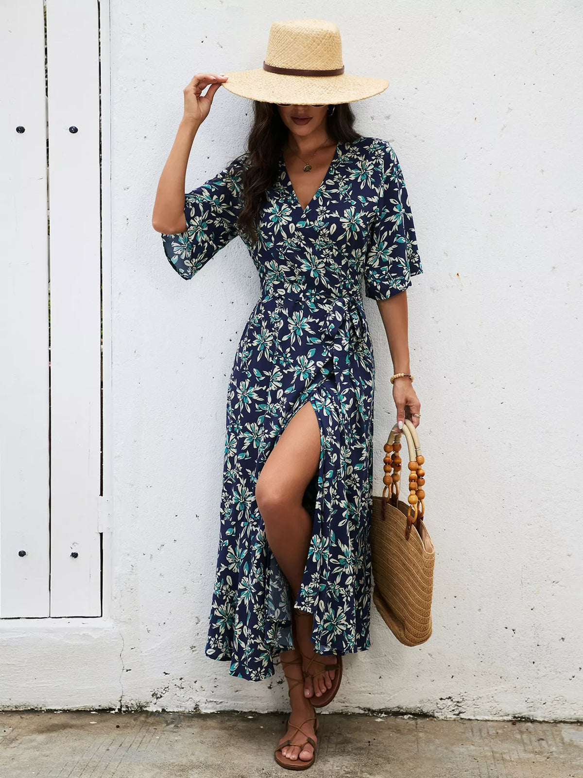 Slit Printed Surplice Midi Dress