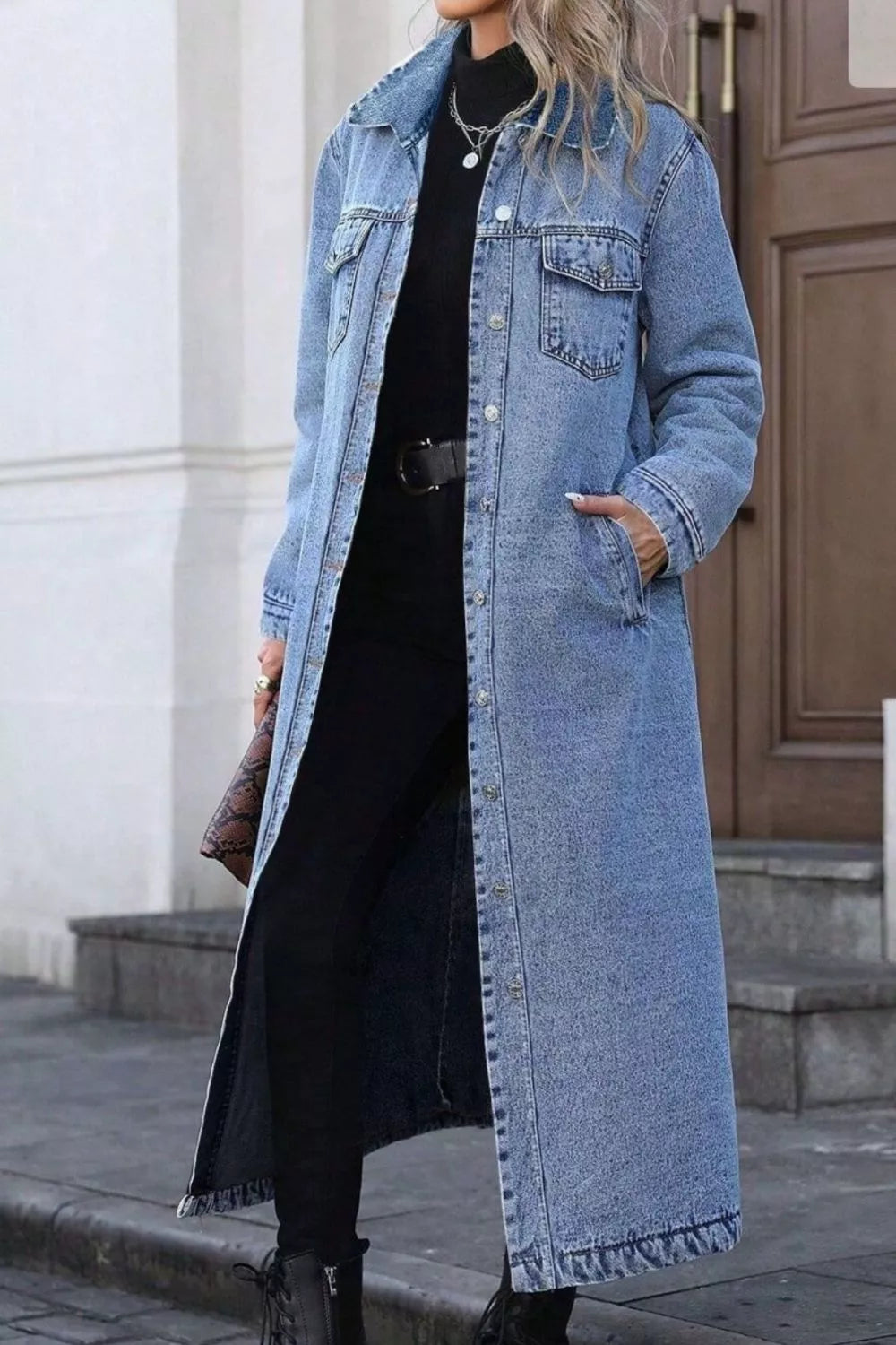 Longline Button-Front Denim Jacket, view 3