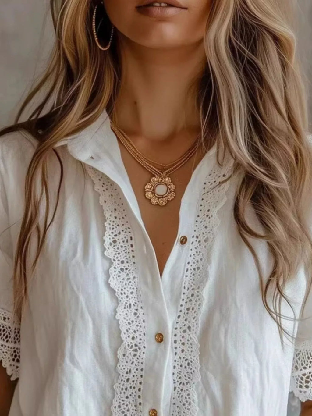 Lace-Trimmed Short Sleeve Button-Down Shirt - Lilixa.store
