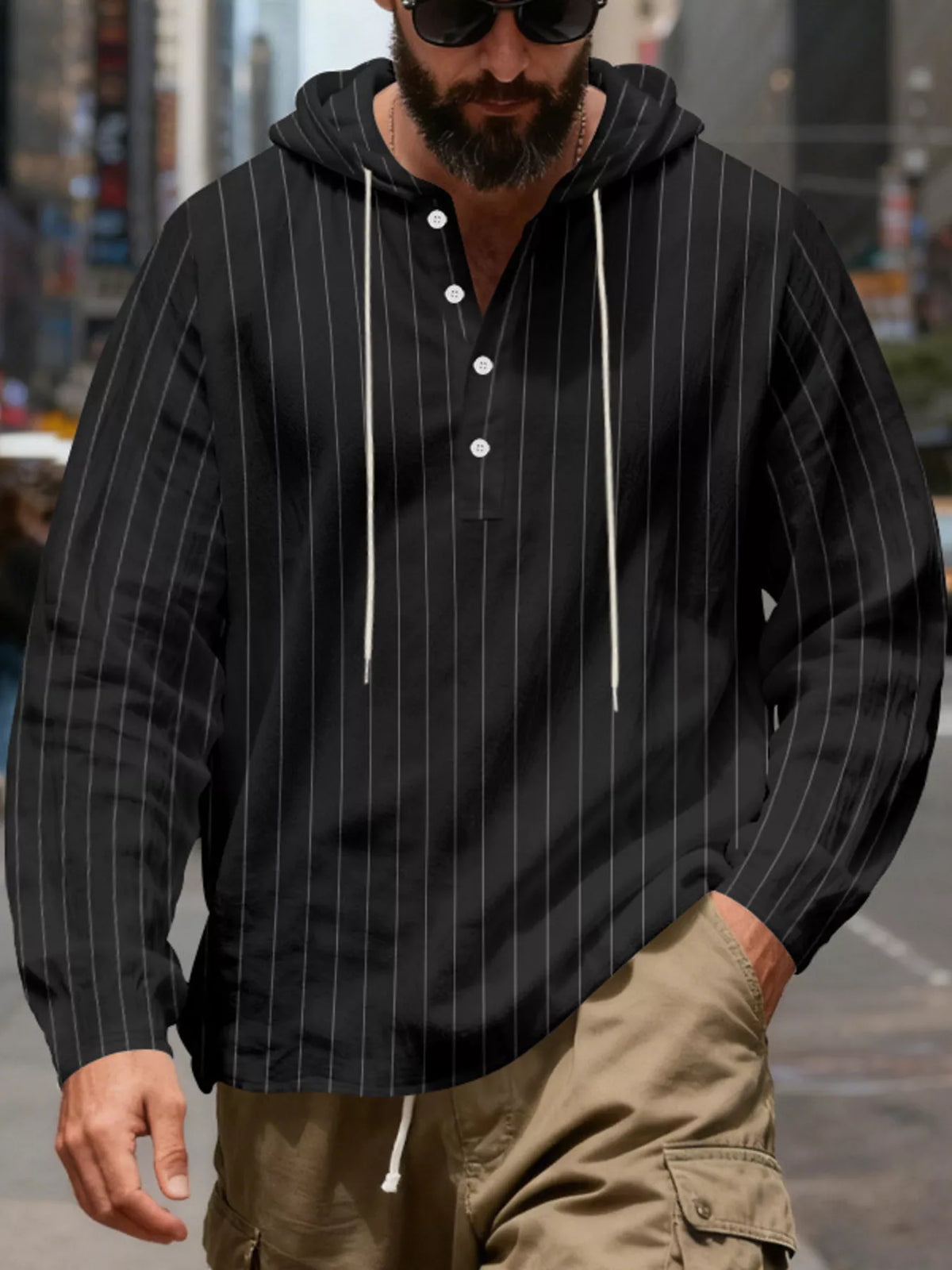 Men's Full Size Casual Striped Henley Hoodie with Drawstring Plus Size, view 10