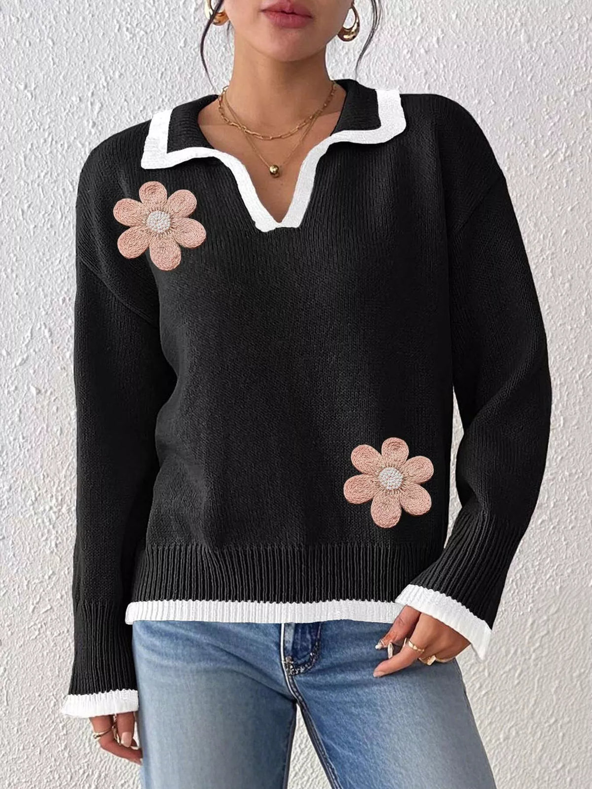 Flower Contrast Trim Dropped Shoulder Sweater - Lilixa.store