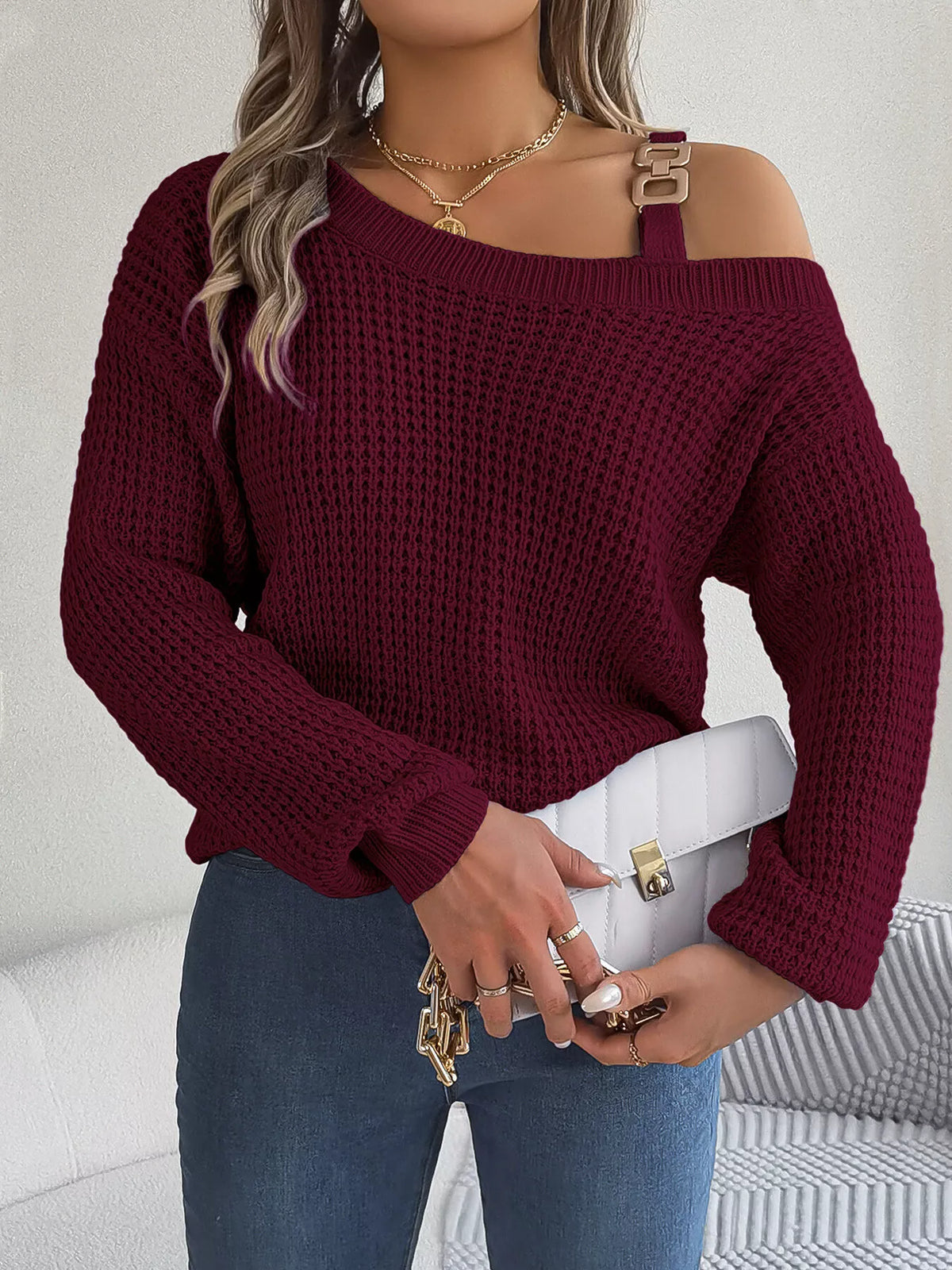 Asymmetrical Neck Long Sleeve Sweater