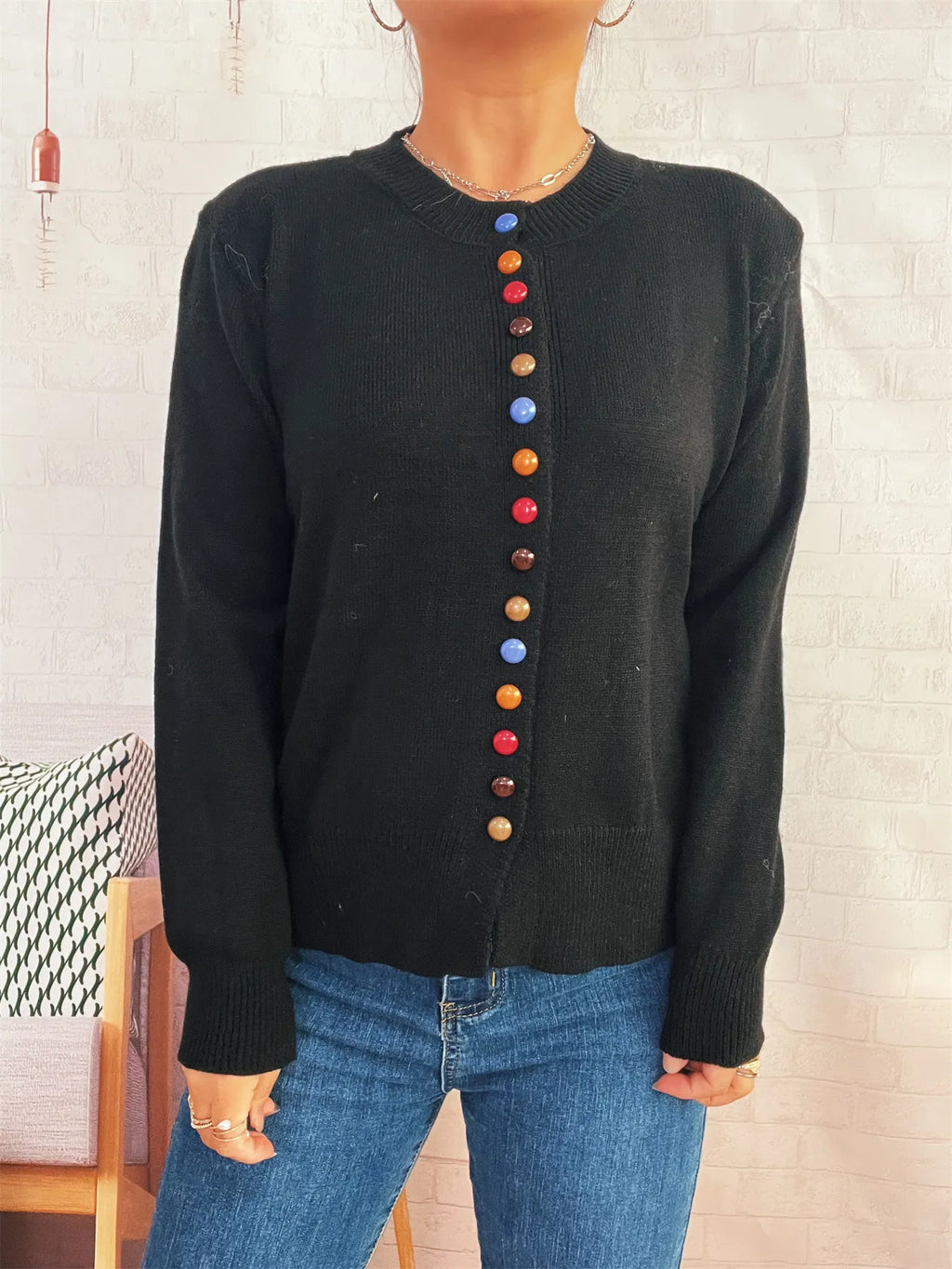 Button-Front Cardigan with Colorful Detail Buttons - Lilixa.store