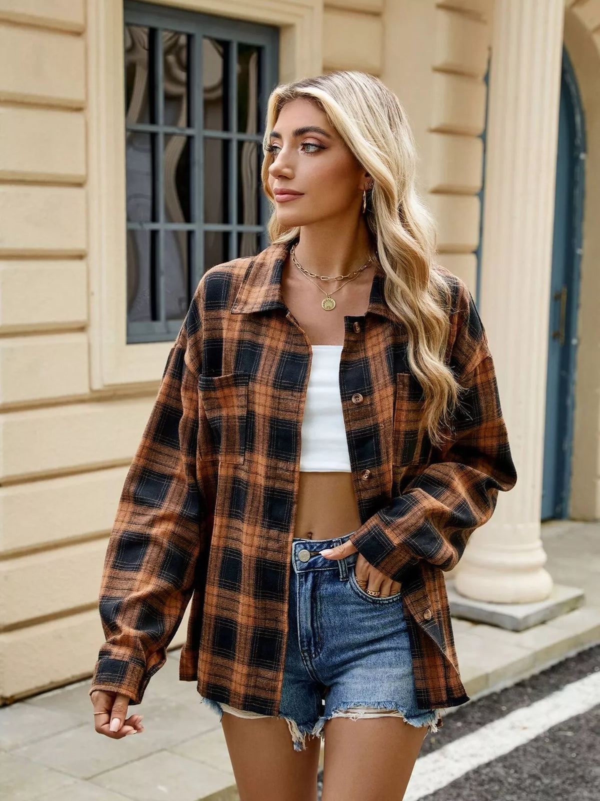 Plaid Button Up Shirt in Coffee
