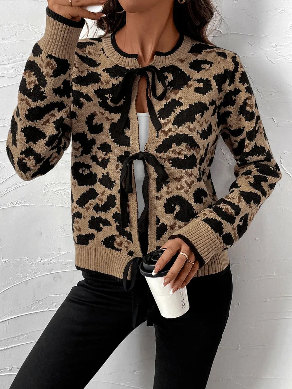 Perfee Tied Leopard Long Sleeve Cardigan in Tan, view 5
