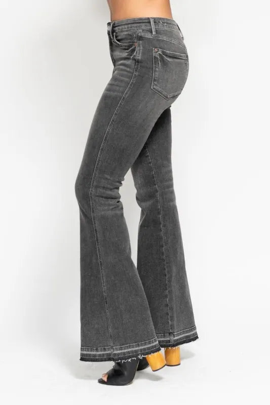 Judy Blue Full Size Mid Rise Tummy Control Washed Gray Release Hem Flare Jeans Plus Size - Lilixa.store