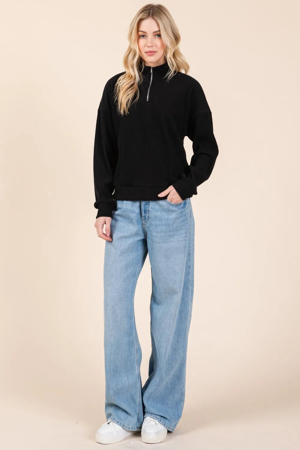 BOMBOM Quarter Zip Long Sleeve Sweatshirt with Pockets - Lilixa.store