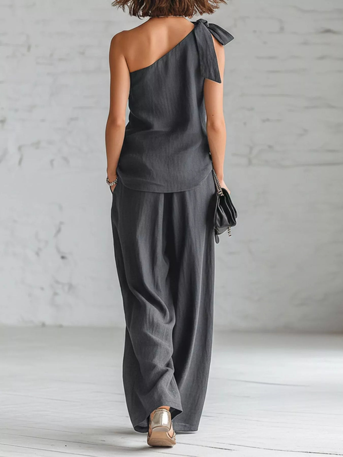 One-Shoulder Bow Tie Top and Wide-Leg Pants Casual Two-Piece Set