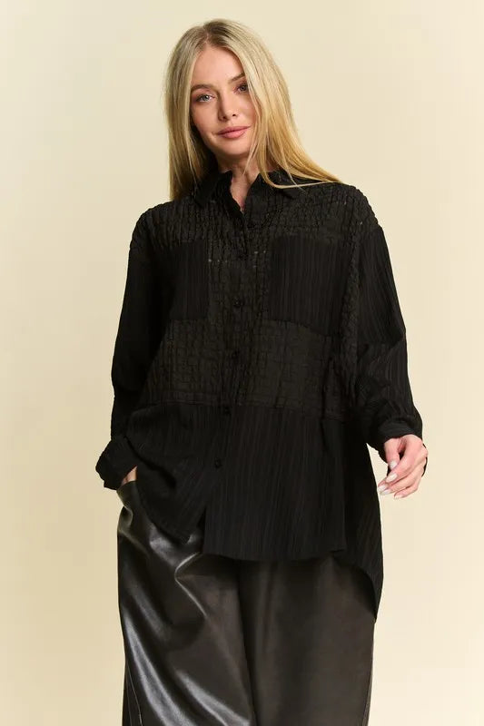 Davi & Dani Crinkled Jacquard Button Down Shirt - Lilixa.store
