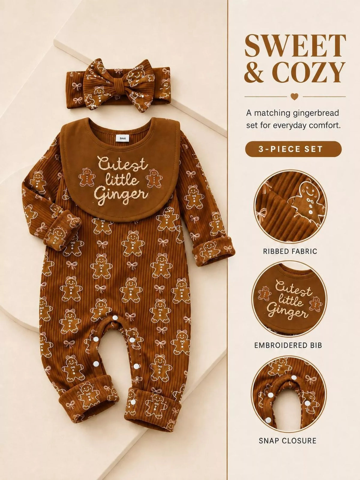 Children's Gingerbread Print Jumpsuit with Headband - Lilixa.store