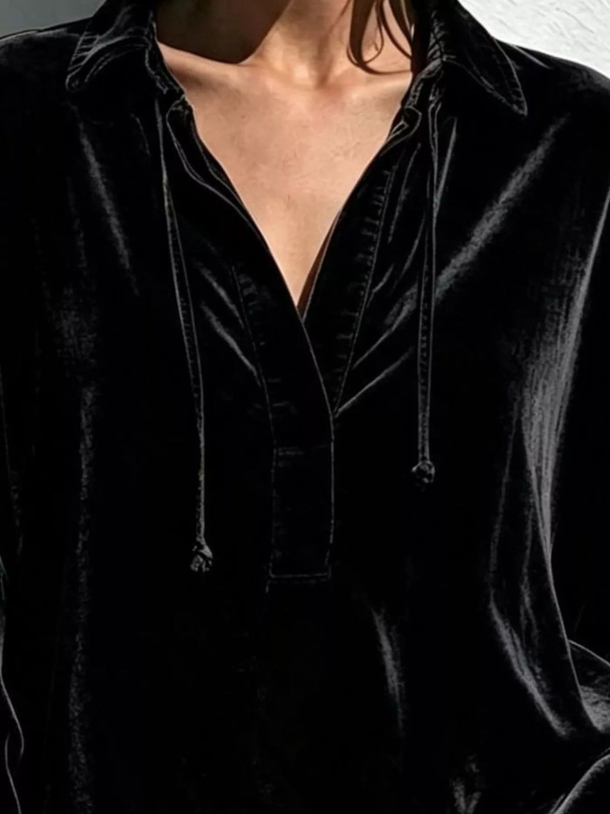 Full Size Oversized Velvet Collared Neck Drawstring Blouse Plus Size, view 2