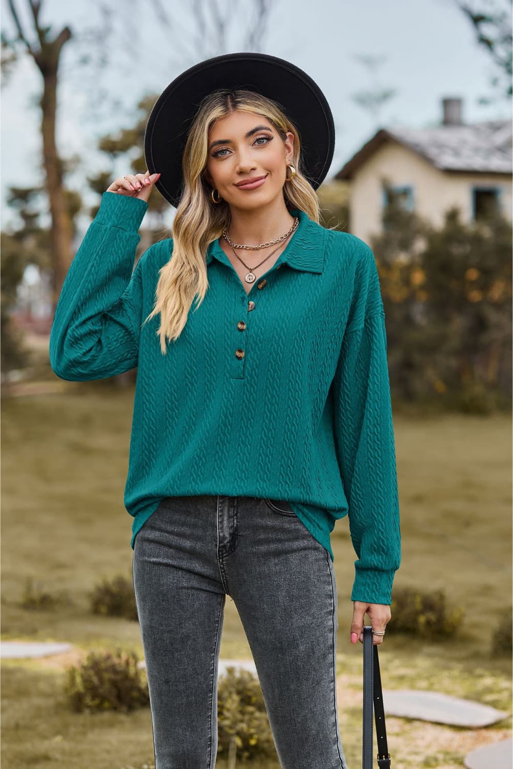 Collared Neck Long Sleeve Blouse in Turquoise
