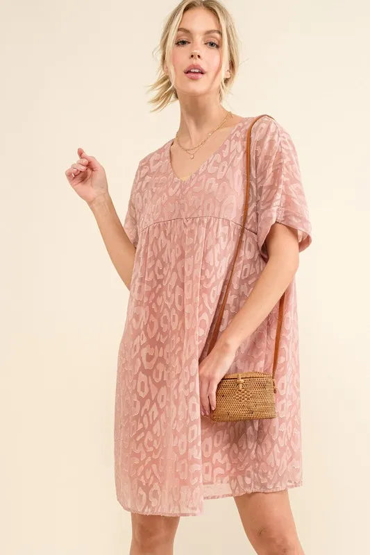 And The Why Woven Leopard Baby Doll Roll-Sleeve Casual Dress - Lilixa.store