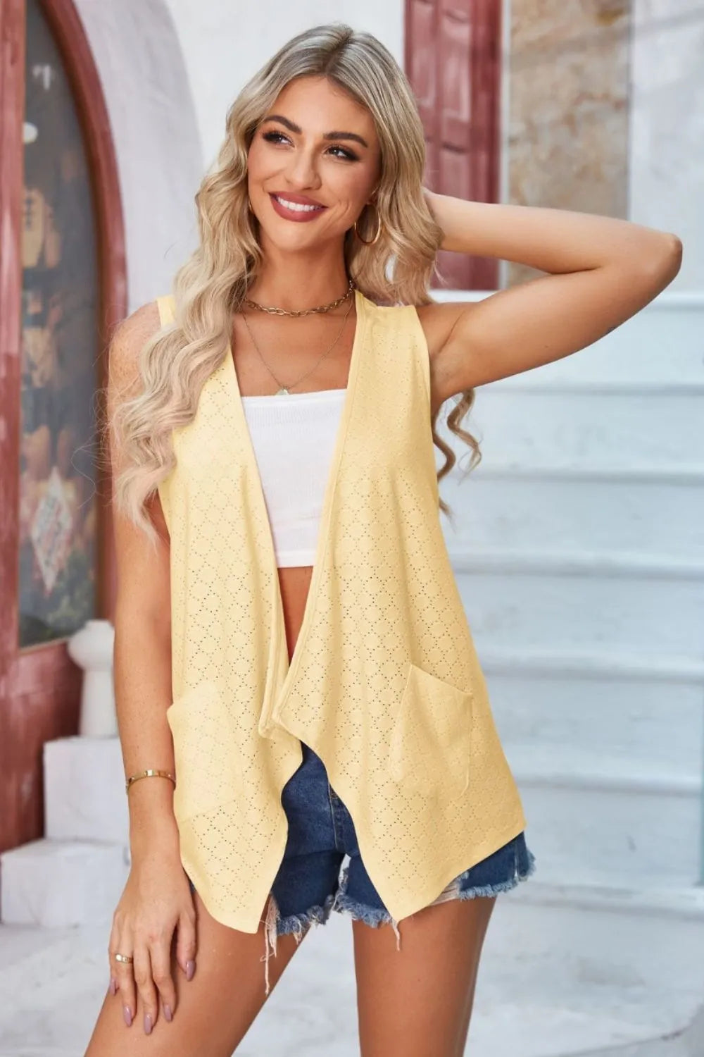 Eyelet Open Front Sleeveless Cardigan - Lilixa.store