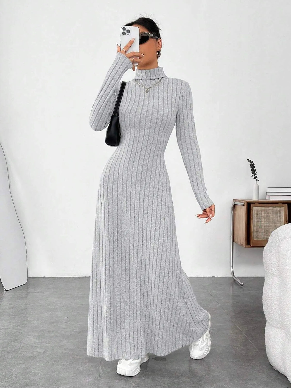 Ribbed Turtleneck Long Sleeve Maxi Knit Dress - Lilixa.store