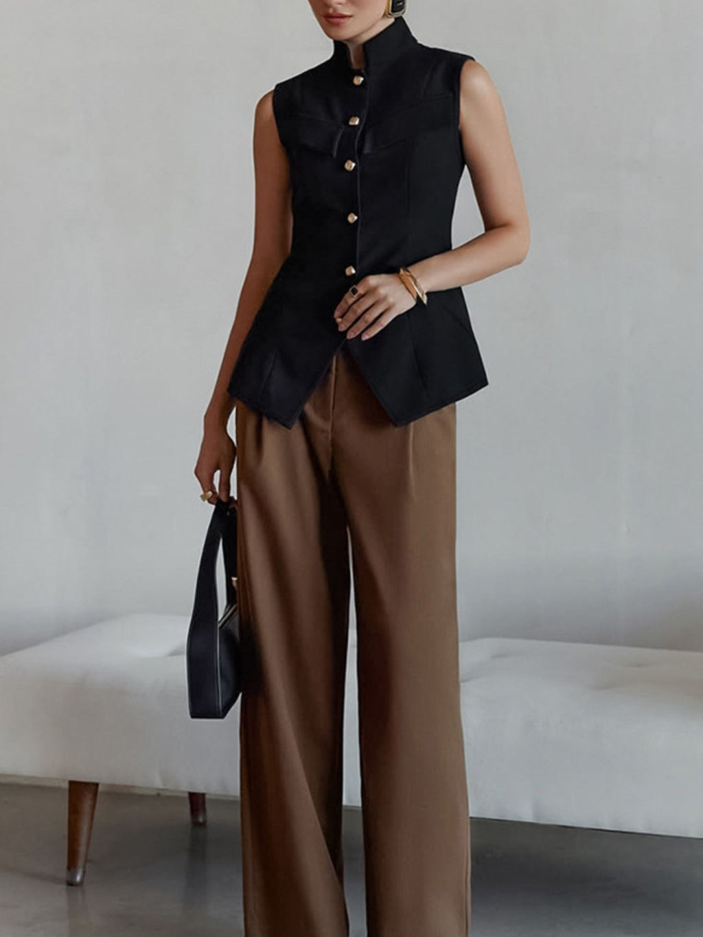 Stand Collar Button-Down Vest Coat - Lilixa.store