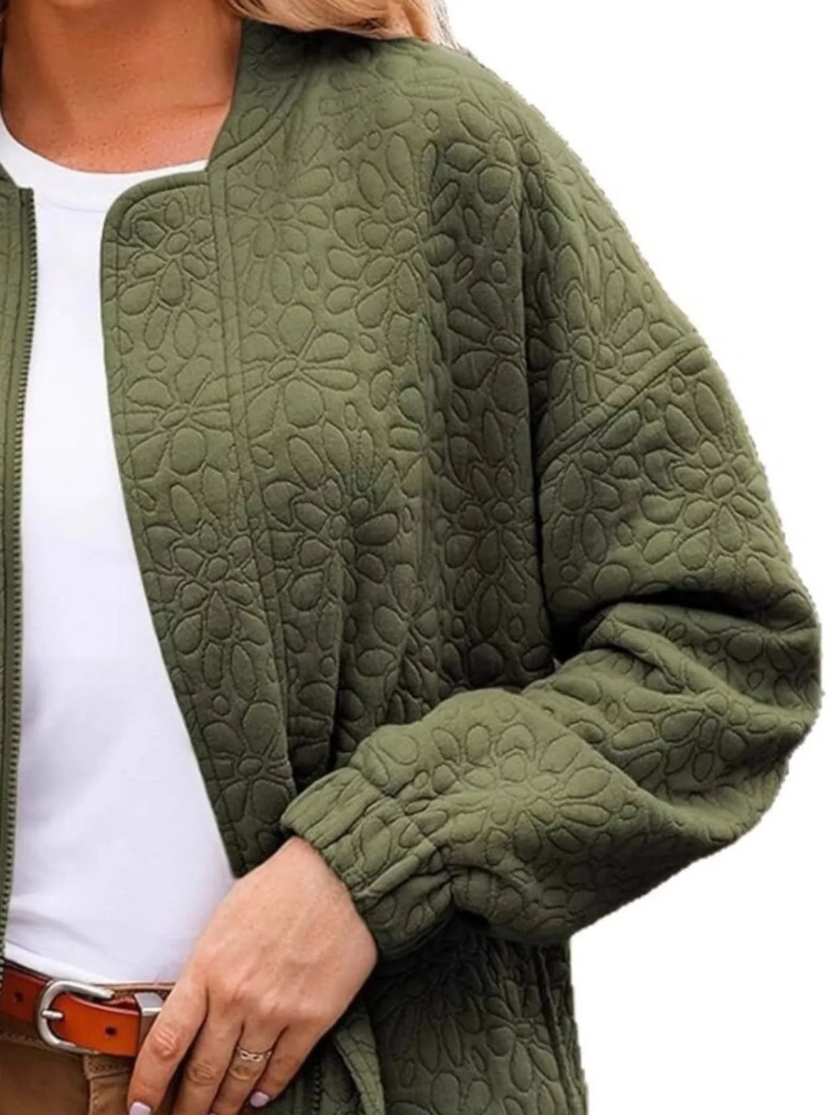 Full Size Floral Quilted Zip Up Jacket Plus Size, view 3
