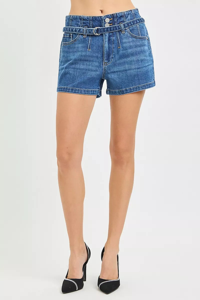 RISEN Double Button Slouchy Denim Shorts with Belt, view 2