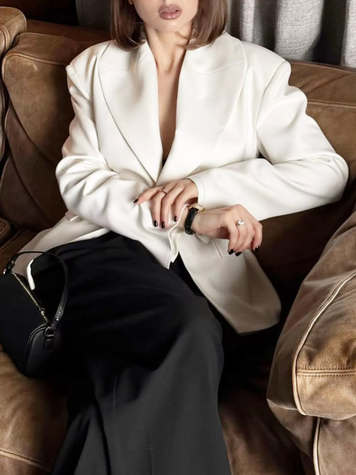 One Button Padded Shoulders Blazer - Lilixa.store