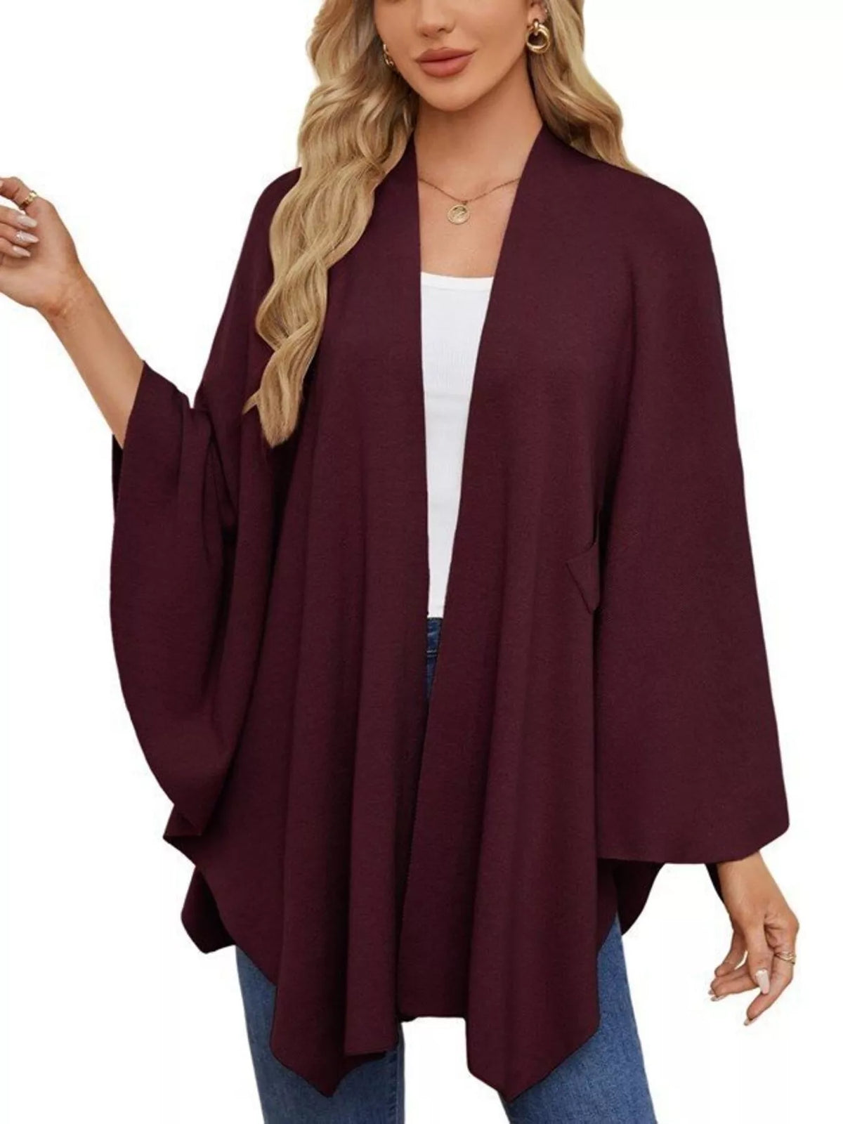 Solid Color Tie-Front Knit Cape Top, view 11