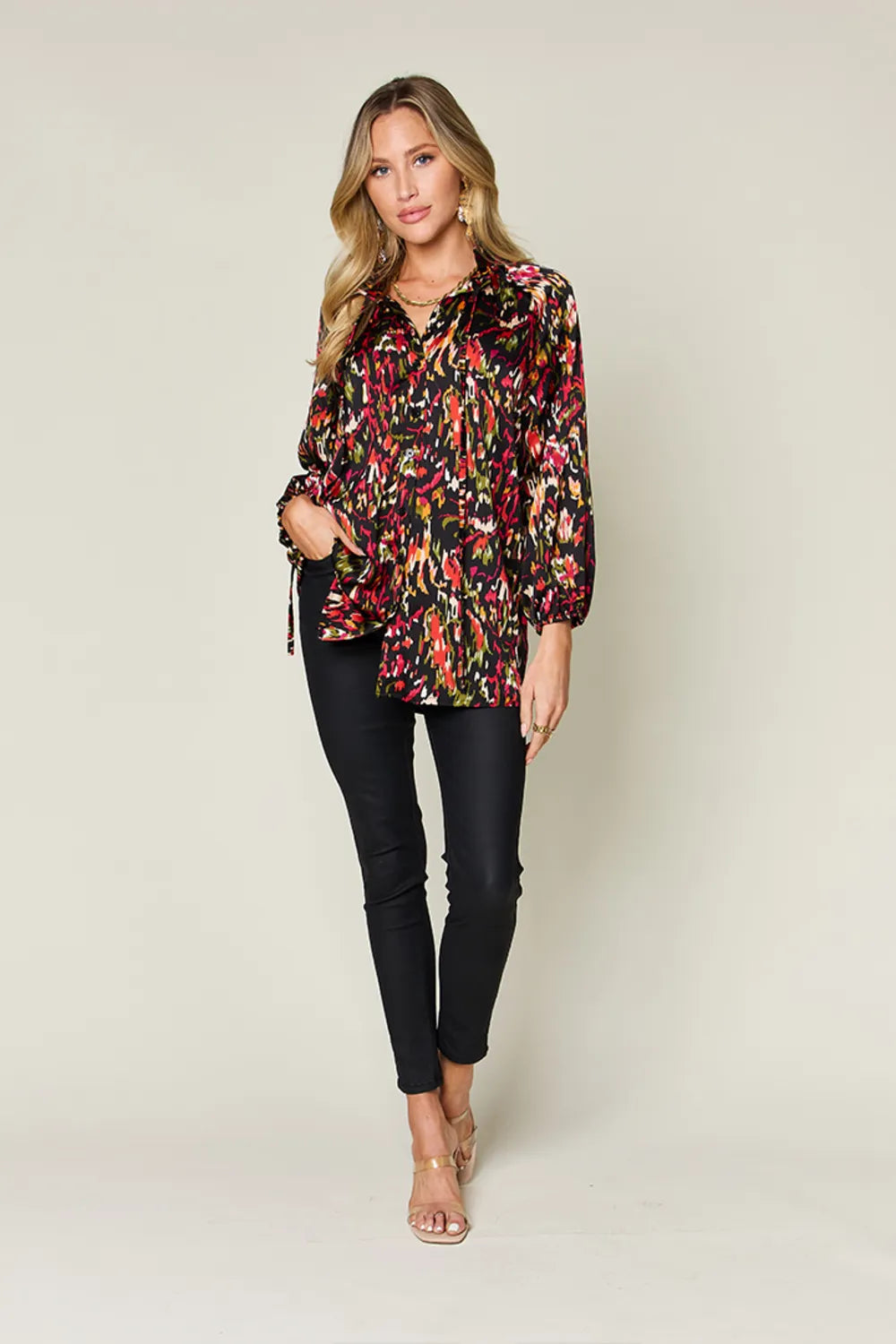 Double Take Full Size Printed Button Up Long Sleeve Shirt - Lilixa.store